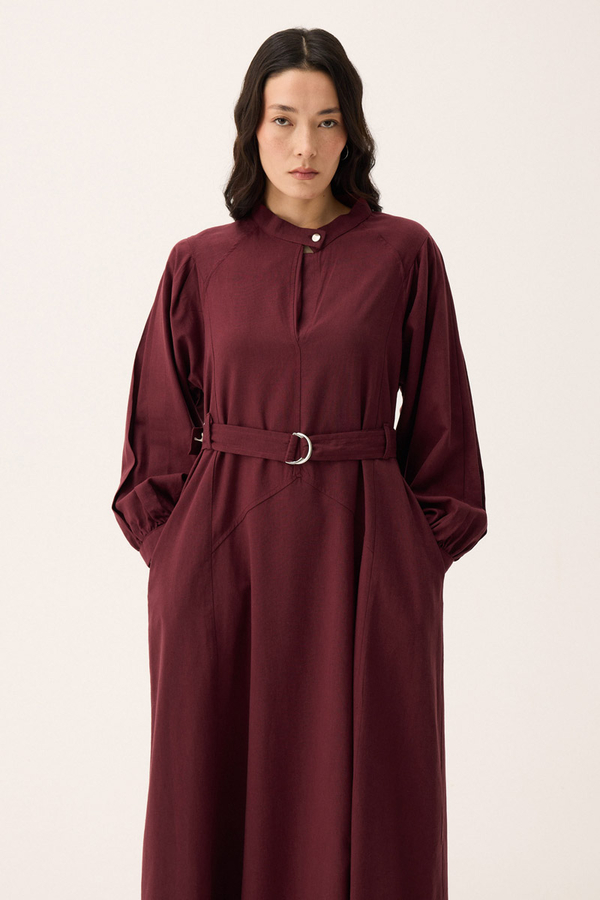 Mandarin Collar Sewn Linen Dress Burgundy - 2