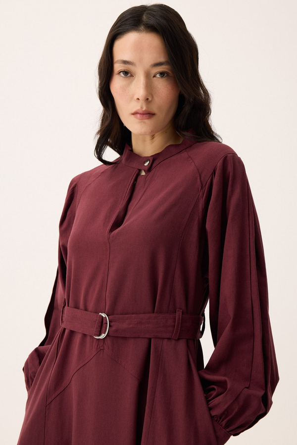Mandarin Collar Sewn Linen Dress Burgundy - 8