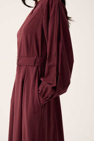 Mandarin Collar Sewn Linen Dress Burgundy - 9