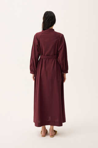 Mandarin Collar Sewn Linen Dress Burgundy - 16