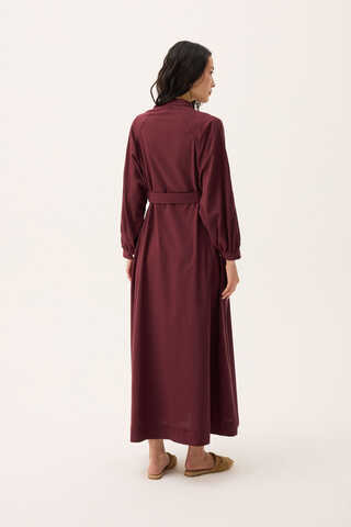 Mandarin Collar Sewn Linen Dress Burgundy - 15