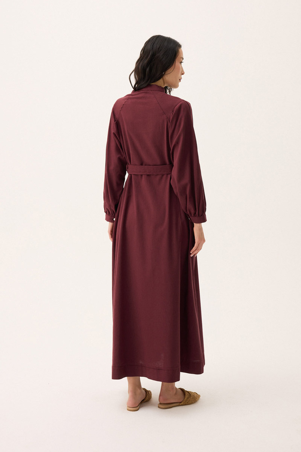 Mandarin Collar Sewn Linen Dress Burgundy - 15