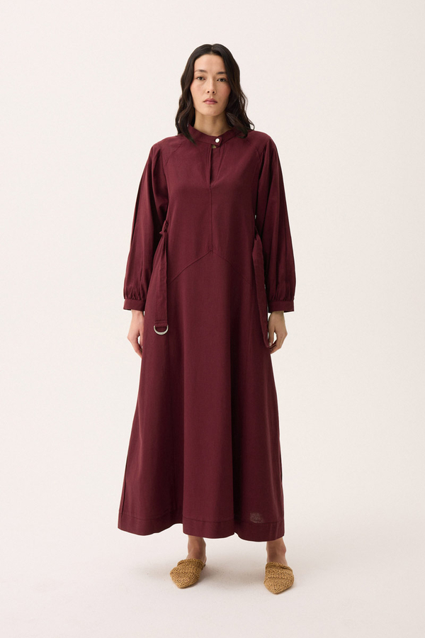 Mandarin Collar Sewn Linen Dress Burgundy - 3