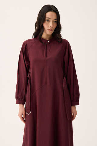 Mandarin Collar Sewn Linen Dress Burgundy - 5