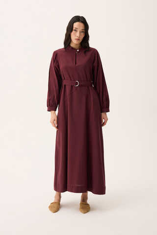 Mandarin Collar Sewn Linen Dress Burgundy - 6