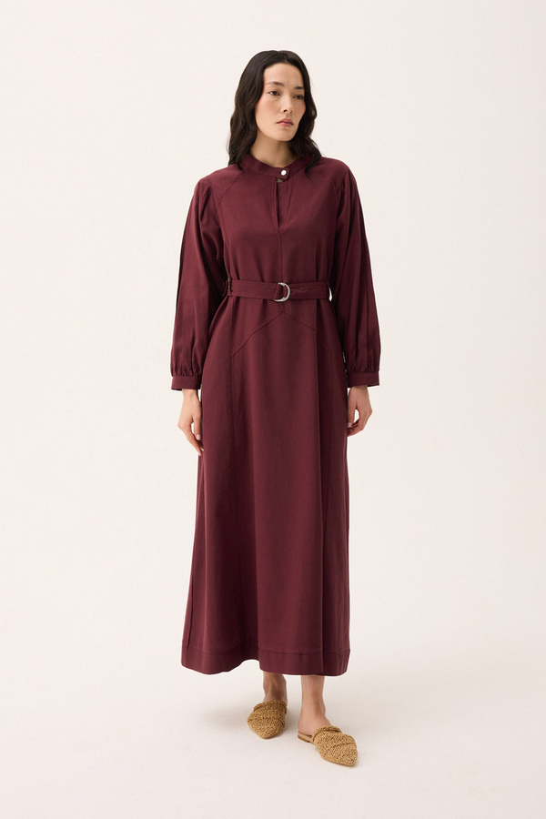 Mandarin Collar Sewn Linen Dress Burgundy - 12