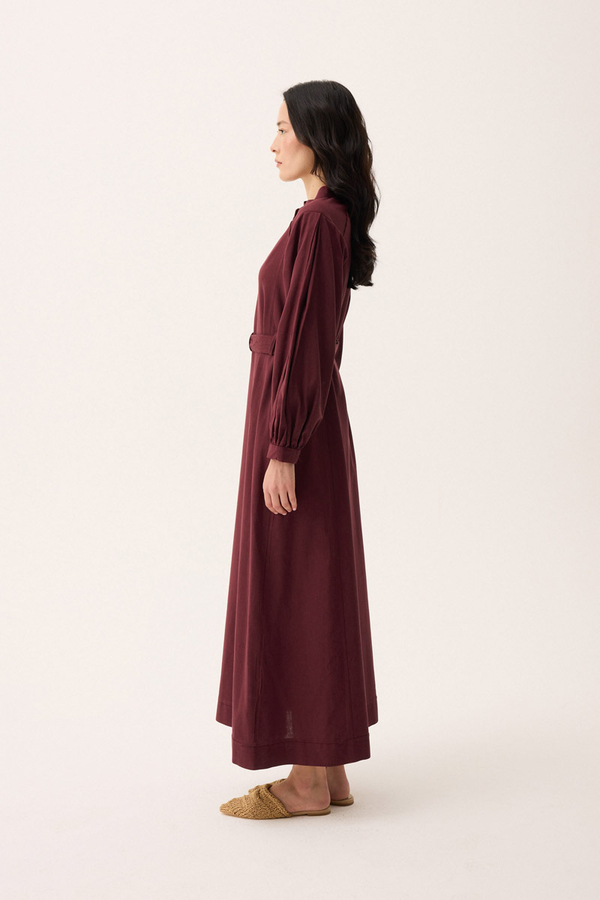 Mandarin Collar Sewn Linen Dress Burgundy - 13
