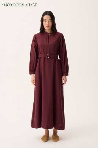 Mandarin Collar Sewn Linen Dress Burgundy - 1