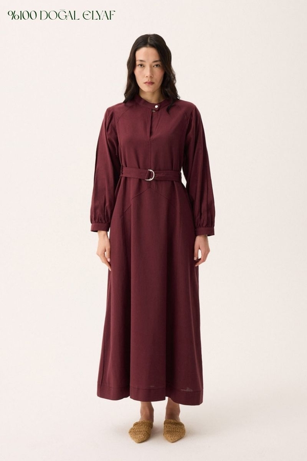 Mandarin Collar Sewn Linen Dress Burgundy - 1
