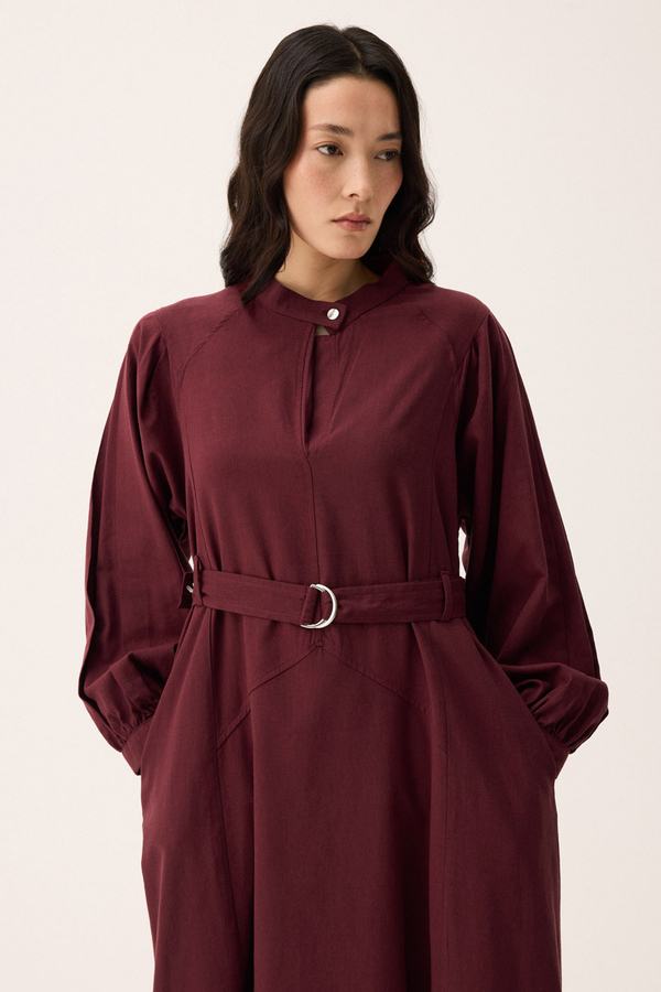 Mandarin Collar Sewn Linen Dress Burgundy - 4