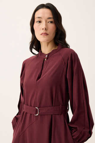 Mandarin Collar Sewn Linen Dress Burgundy - 7