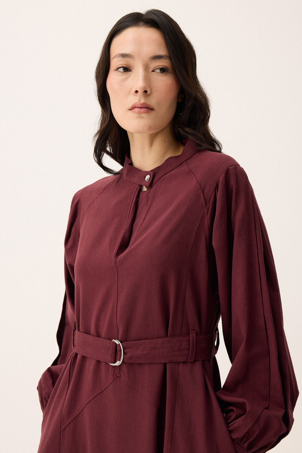Mandarin Collar Sewn Linen Dress Burgundy - 7