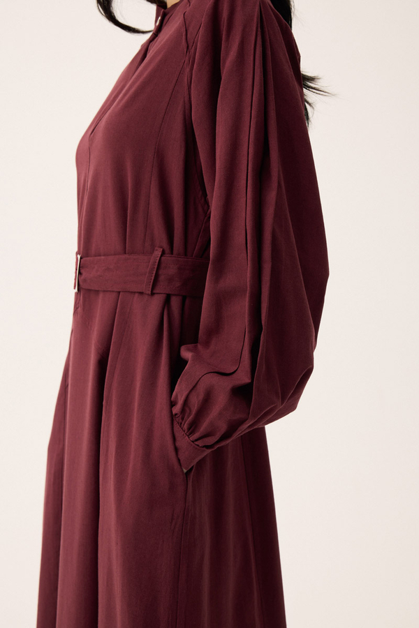 Mandarin Collar Sewn Linen Dress Burgundy - 9