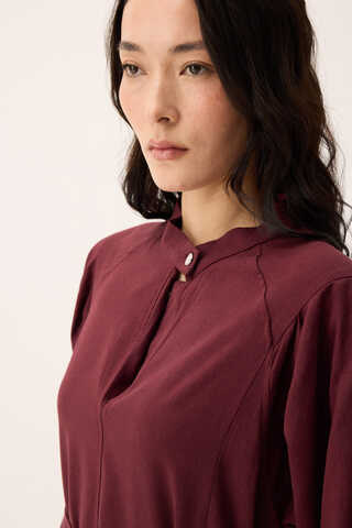 Mandarin Collar Sewn Linen Dress Burgundy - 10