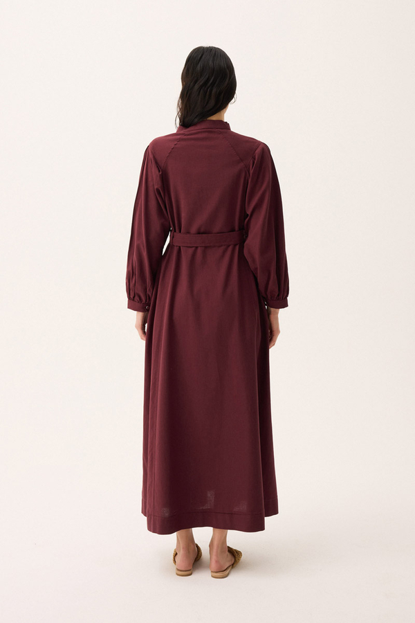 Mandarin Collar Sewn Linen Dress Burgundy - 16