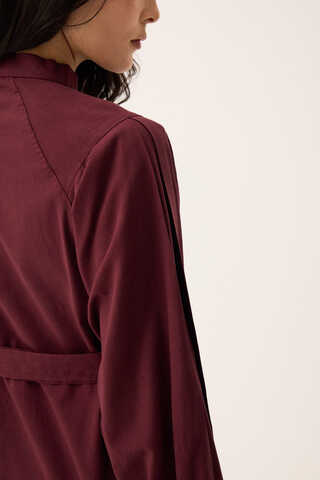 Mandarin Collar Sewn Linen Dress Burgundy - 11