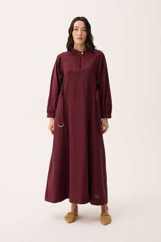 Mandarin Collar Sewn Linen Dress Burgundy - 3
