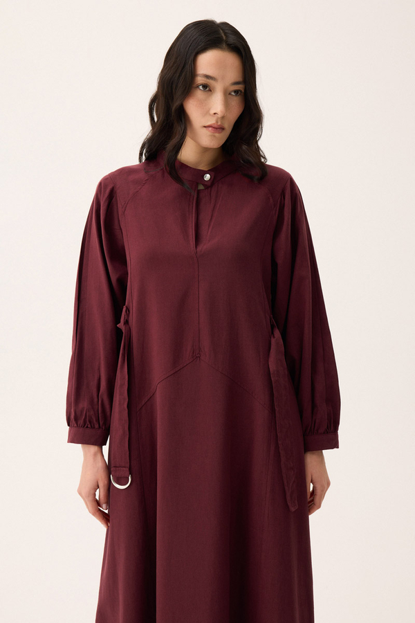 Mandarin Collar Sewn Linen Dress Burgundy - 5