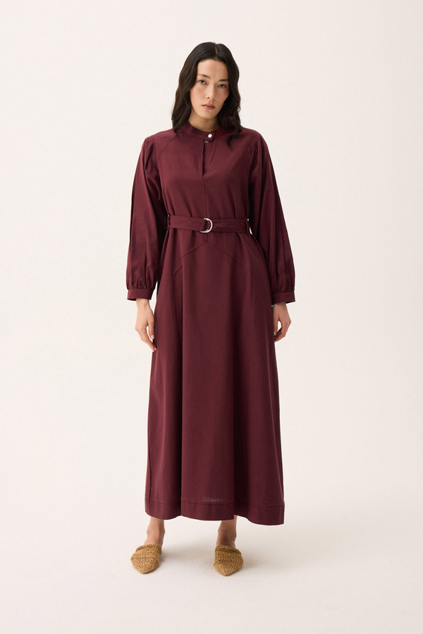 Mandarin Collar Sewn Linen Dress Burgundy - 6