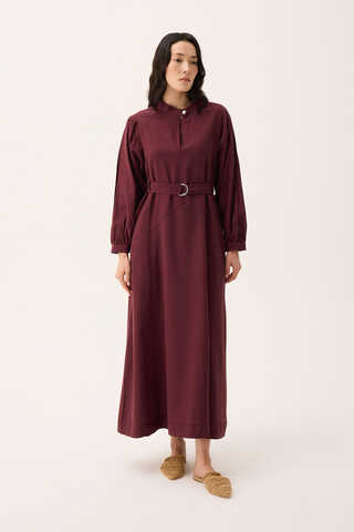 Mandarin Collar Sewn Linen Dress Burgundy - 12