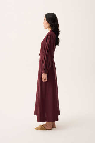 Mandarin Collar Sewn Linen Dress Burgundy - 13