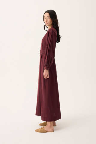 Mandarin Collar Sewn Linen Dress Burgundy - 14