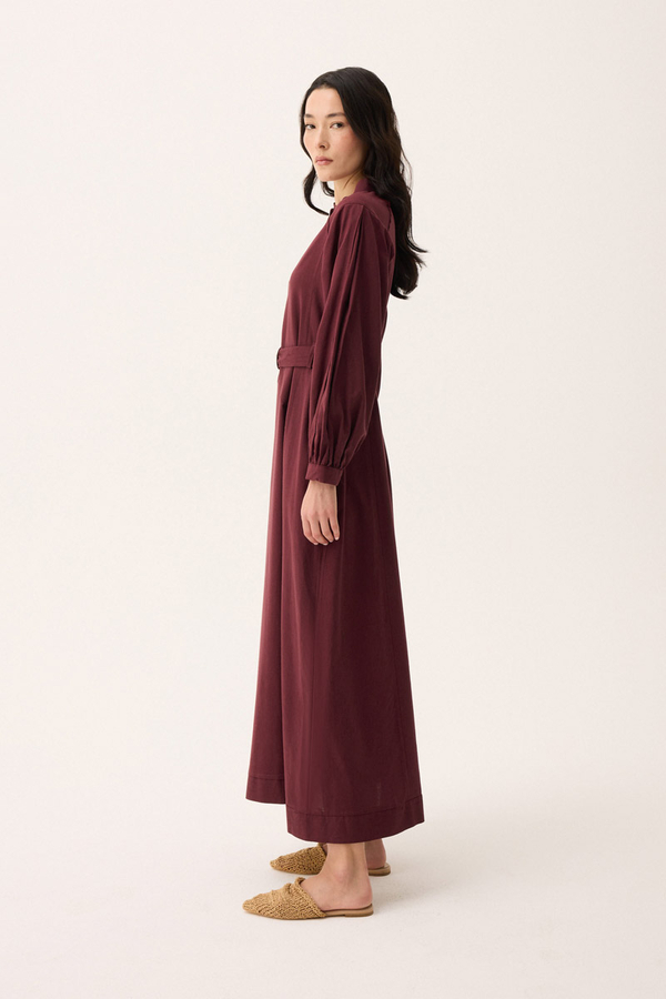 Mandarin Collar Sewn Linen Dress Burgundy - 14