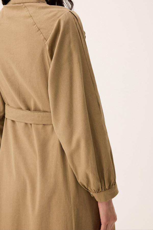 Mandarin Collar Sewn Linen Dress Camel - 9