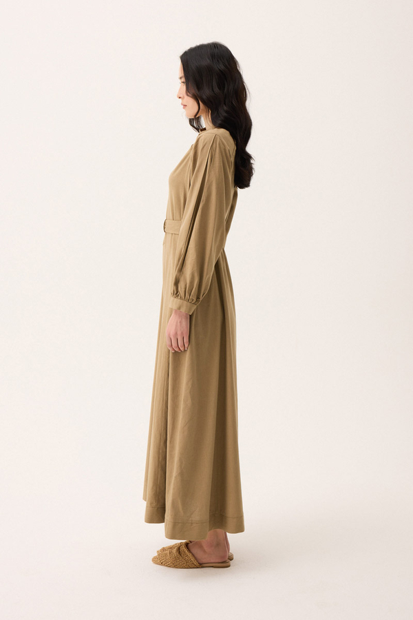 Mandarin Collar Sewn Linen Dress Camel - 5