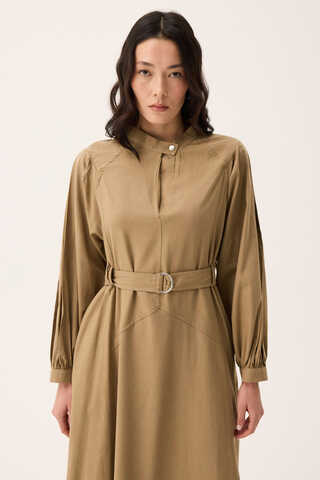 Mandarin Collar Sewn Linen Dress Camel - 2
