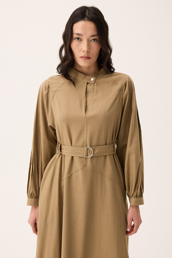 Mandarin Collar Sewn Linen Dress Camel - 2