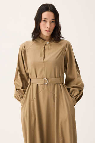 Mandarin Collar Sewn Linen Dress Camel - 6