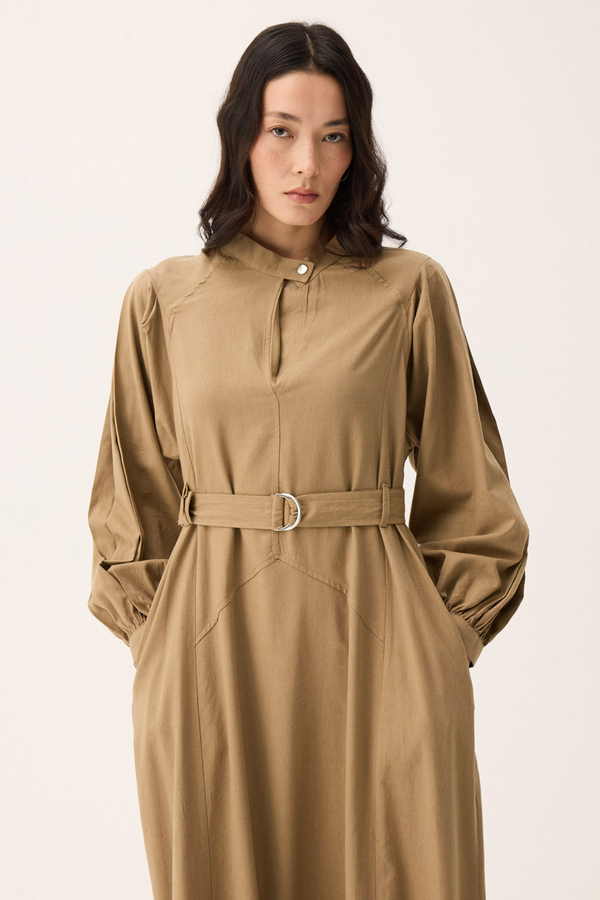 Mandarin Collar Sewn Linen Dress Camel - 6