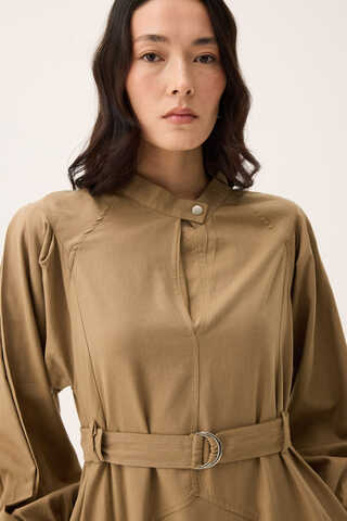 Mandarin Collar Sewn Linen Dress Camel - 8