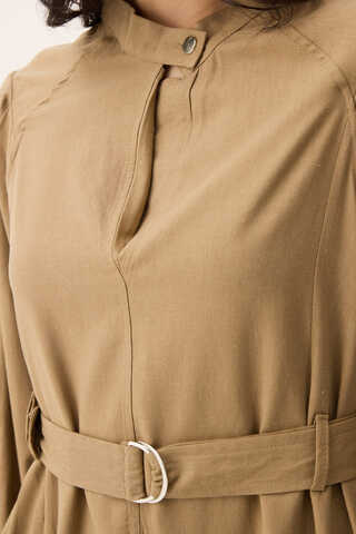 Mandarin Collar Sewn Linen Dress Camel - 11