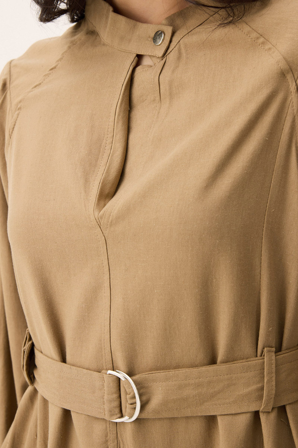 Mandarin Collar Sewn Linen Dress Camel - 11