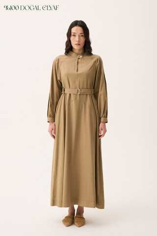 Mandarin Collar Sewn Linen Dress Camel - 1