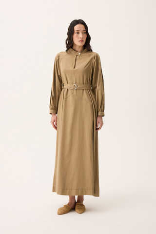Mandarin Collar Sewn Linen Dress Camel - 4