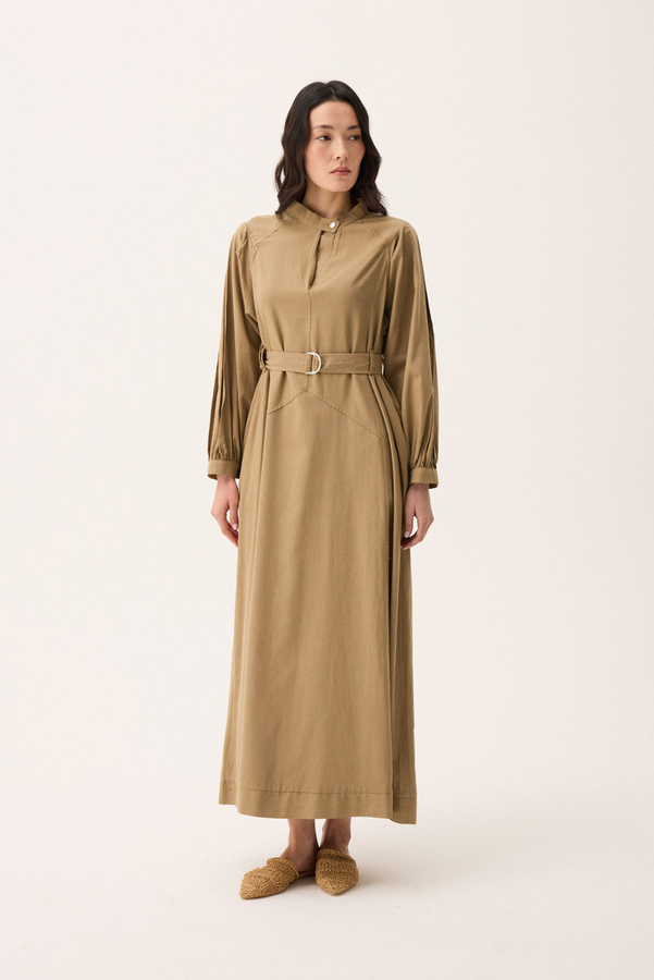 Mandarin Collar Sewn Linen Dress Camel - 4