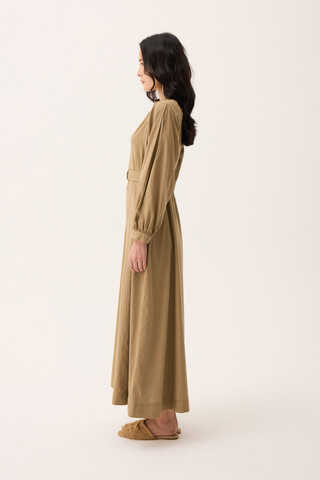 Mandarin Collar Sewn Linen Dress Camel - 5