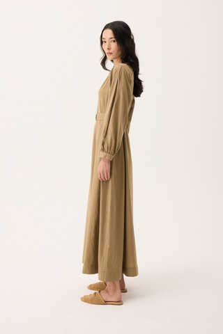 Mandarin Collar Sewn Linen Dress Camel - 10