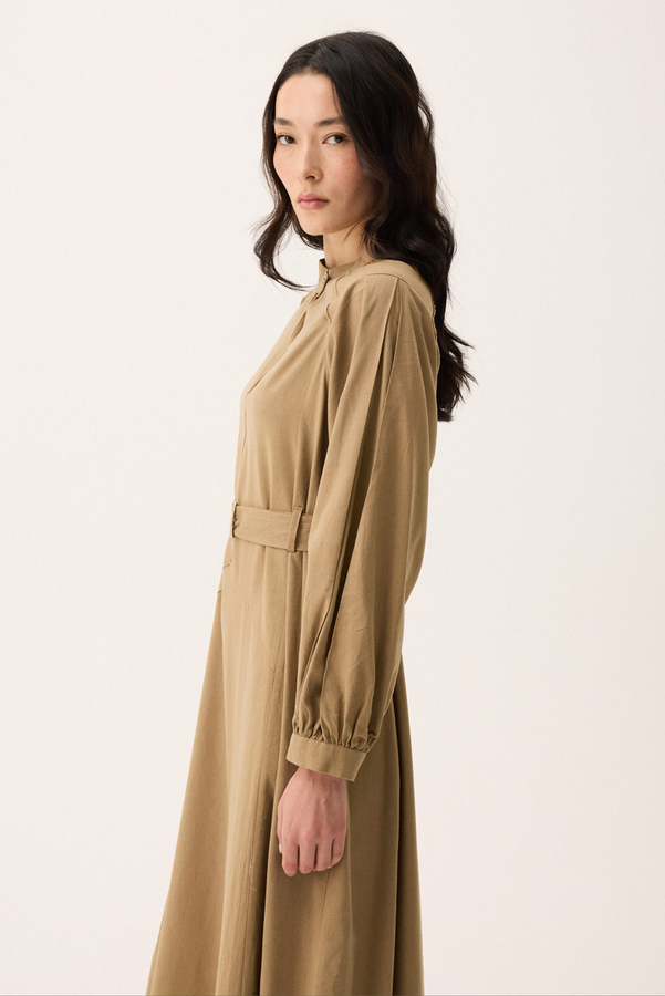 Mandarin Collar Sewn Linen Dress Camel - 3