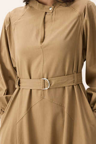 Mandarin Collar Sewn Linen Dress Camel - 7