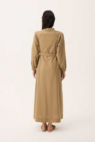 Mandarin Collar Sewn Linen Dress Camel - 12