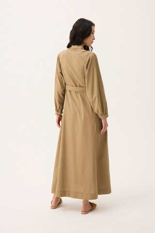 Mandarin Collar Sewn Linen Dress Camel - 13