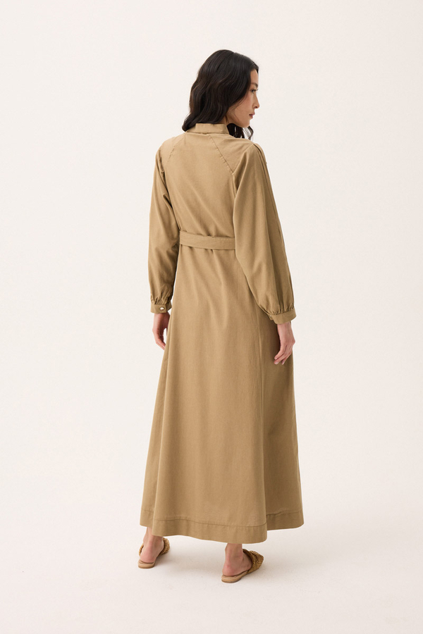 Mandarin Collar Sewn Linen Dress Camel - 13