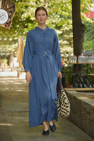 Mandarin Collar Sewn Linen Dress Indigo - 2