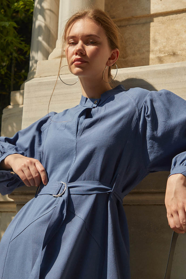 Mandarin Collar Sewn Linen Dress Indigo - 3