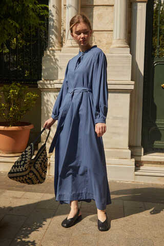 Mandarin Collar Sewn Linen Dress Indigo - 4