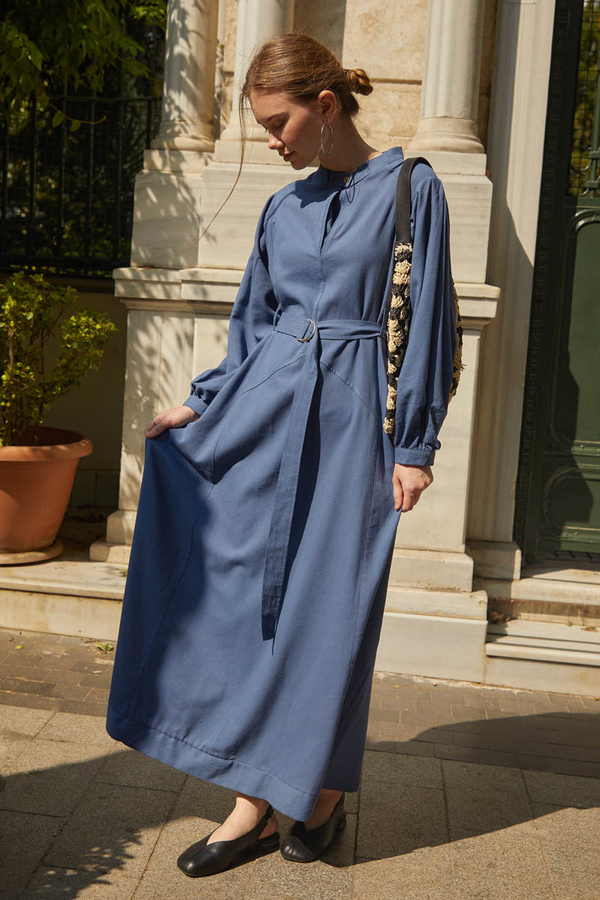 Mandarin Collar Sewn Linen Dress Indigo - 6